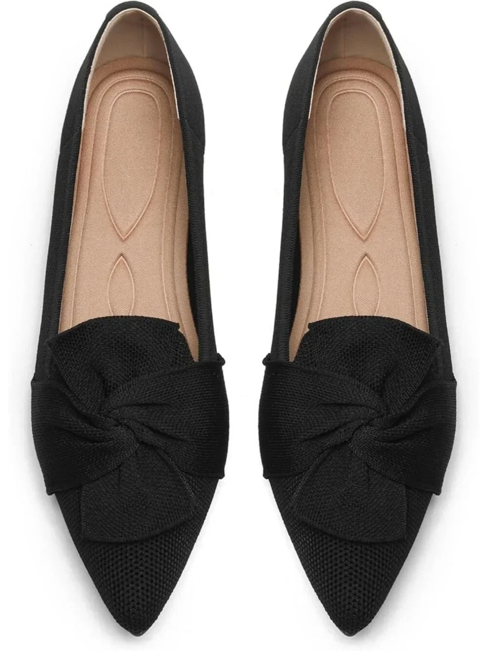 Womens All Black Comfortable Pointed Toe Knit Foldable Slip On Ballet Flat Shoes